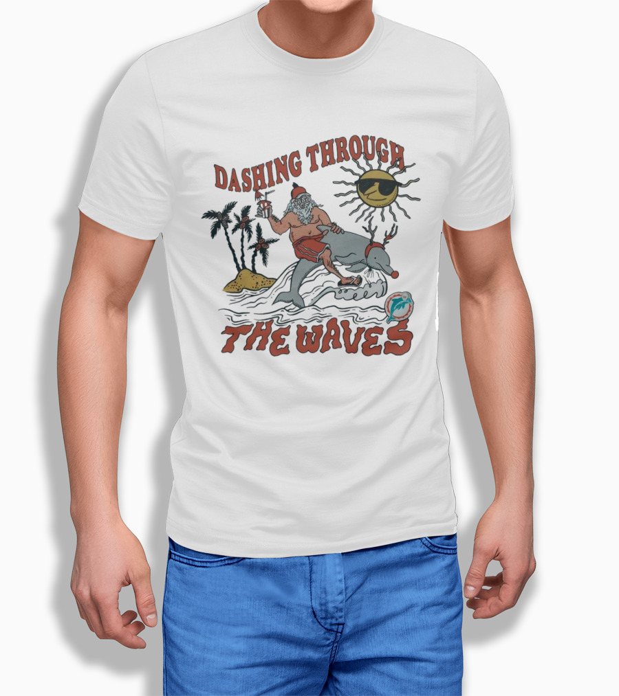 Dashing Through The Waves Miami Dolphins Christmas Santa Riding Dolphin Shirt