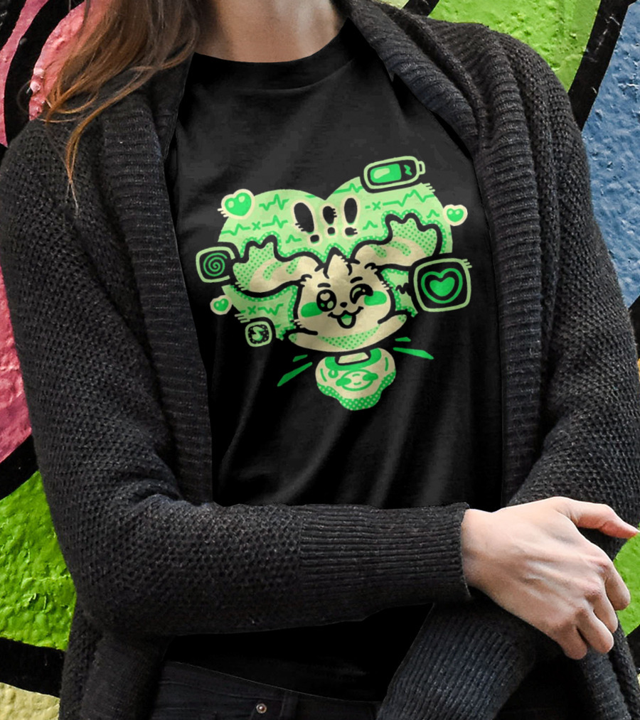 Terriermon Digimon Iconic Green Heartbeat Motif With Digital Symbols Shirt