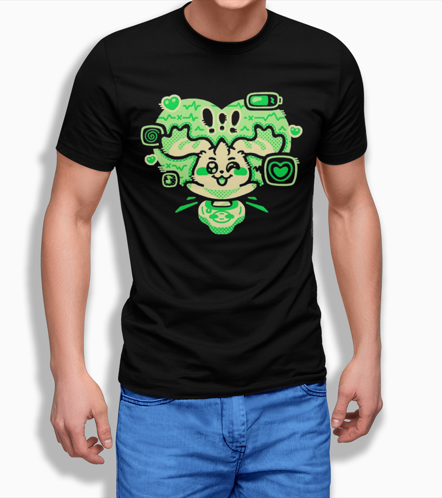 Terriermon Digimon Iconic Green Heartbeat Motif With Digital Symbols Shirt