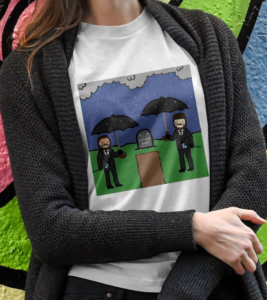 Rip Splashbros Cartoon Memorial With Suited Figures Holding Black Umbrellas Shirt