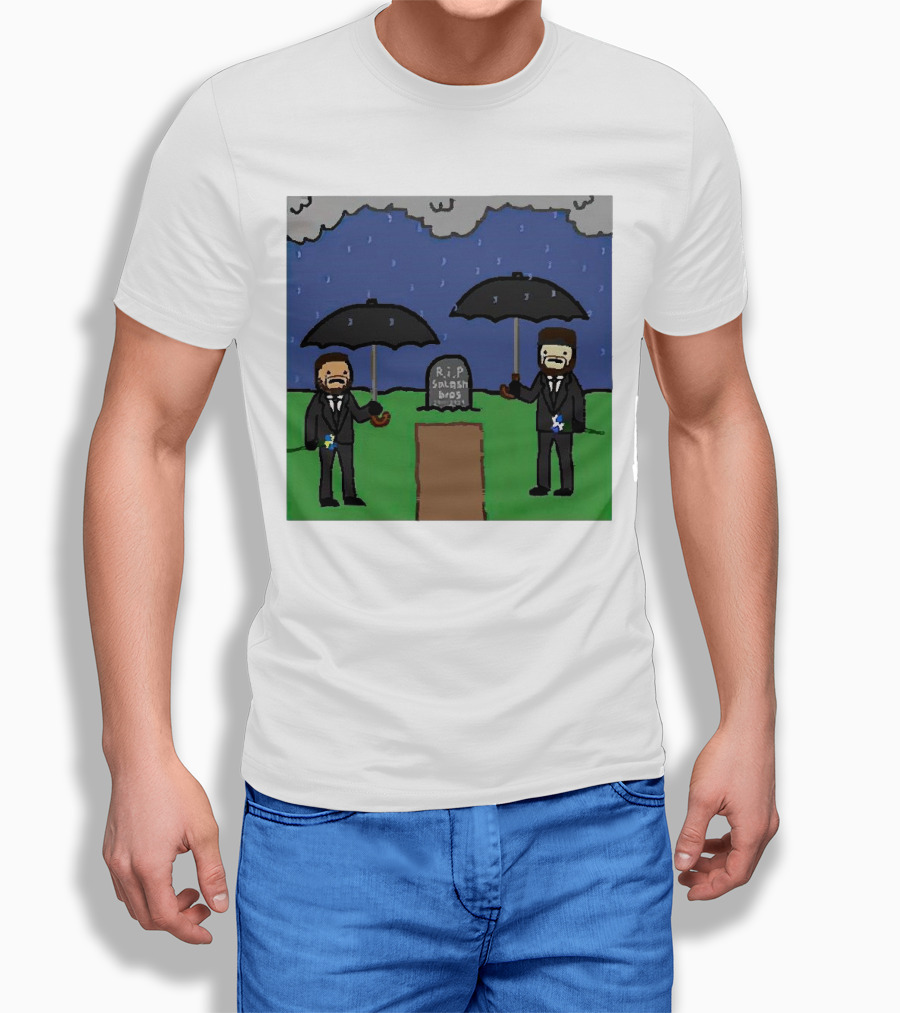 Rip Splashbros Cartoon Memorial With Suited Figures Holding Black Umbrellas Shirt