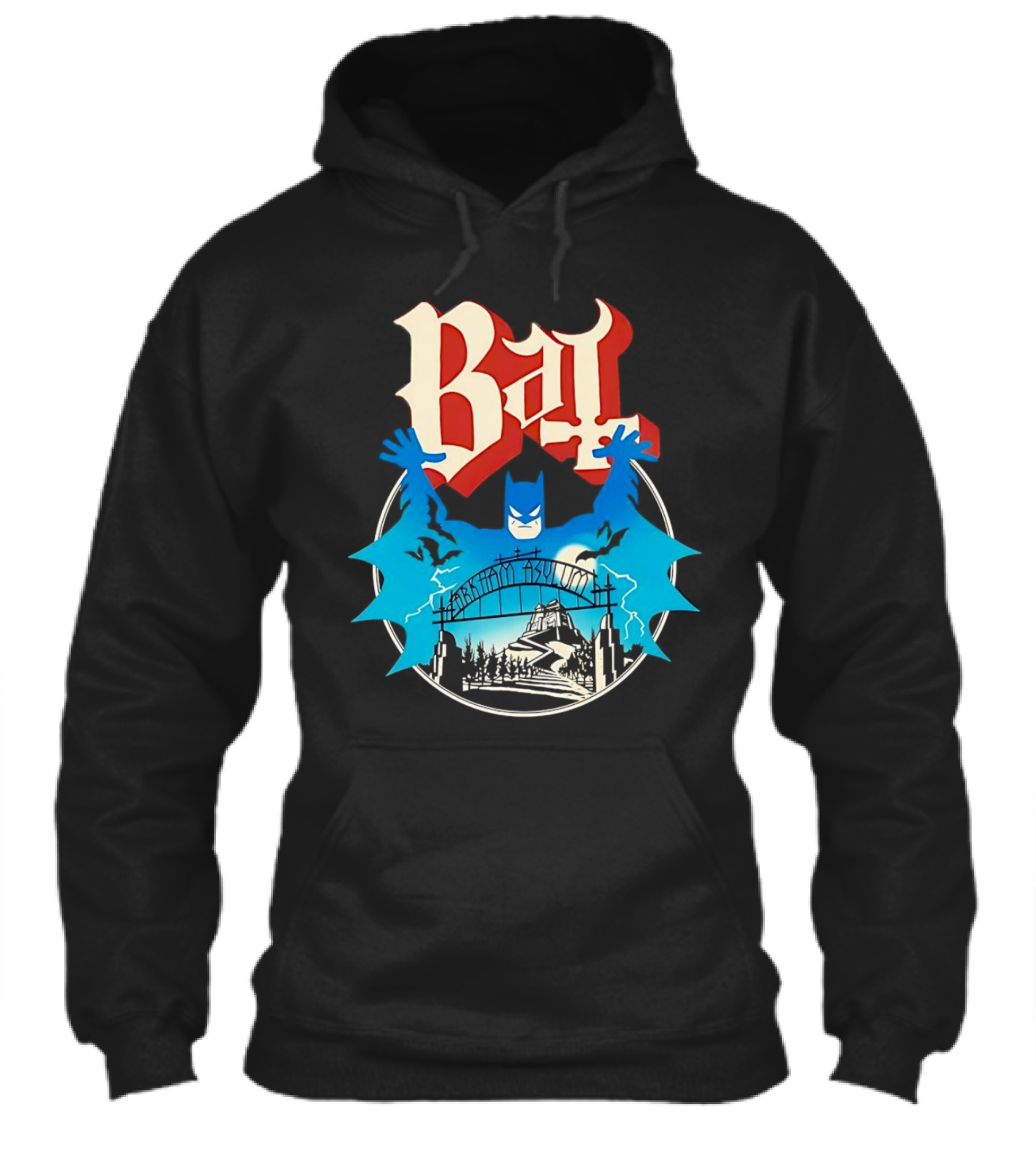 Bat Gotham Asylum Blue Bat Symbol And Red Gothic Font Shirt