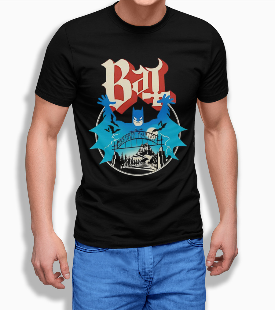 Bat Gotham Asylum Blue Bat Symbol And Red Gothic Font Shirt