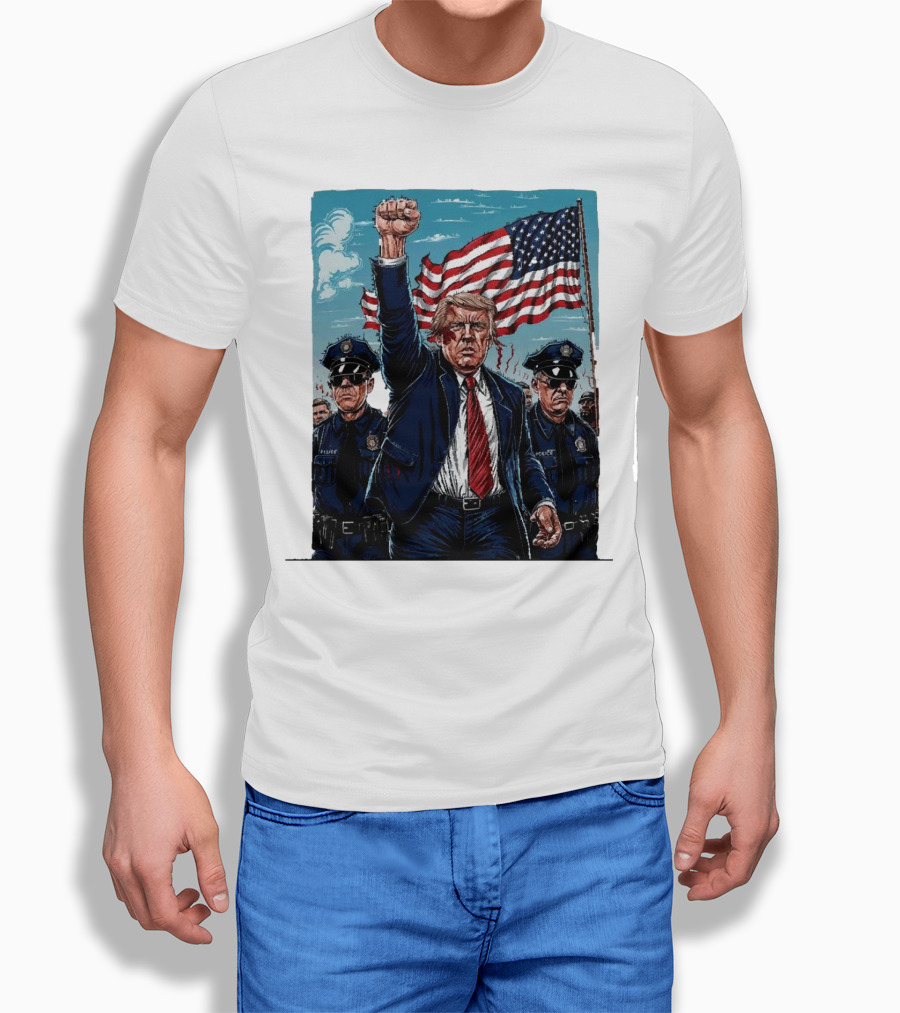 Trump Head Shot Fight Never Surrender Fist Raised With Police And American Flag Shirt