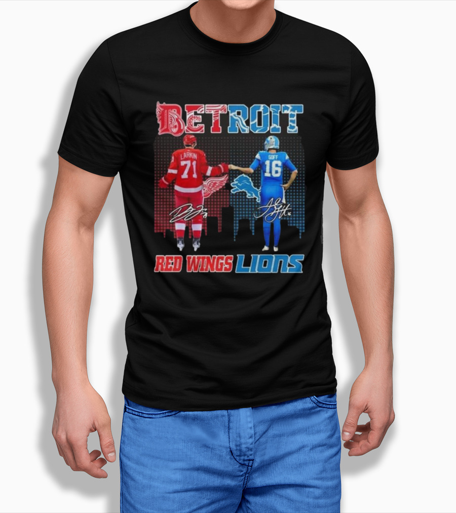 Larkin 71 Detroit Red Wings Goff 16 Detroit Lions Signature Collaboration Shirt
