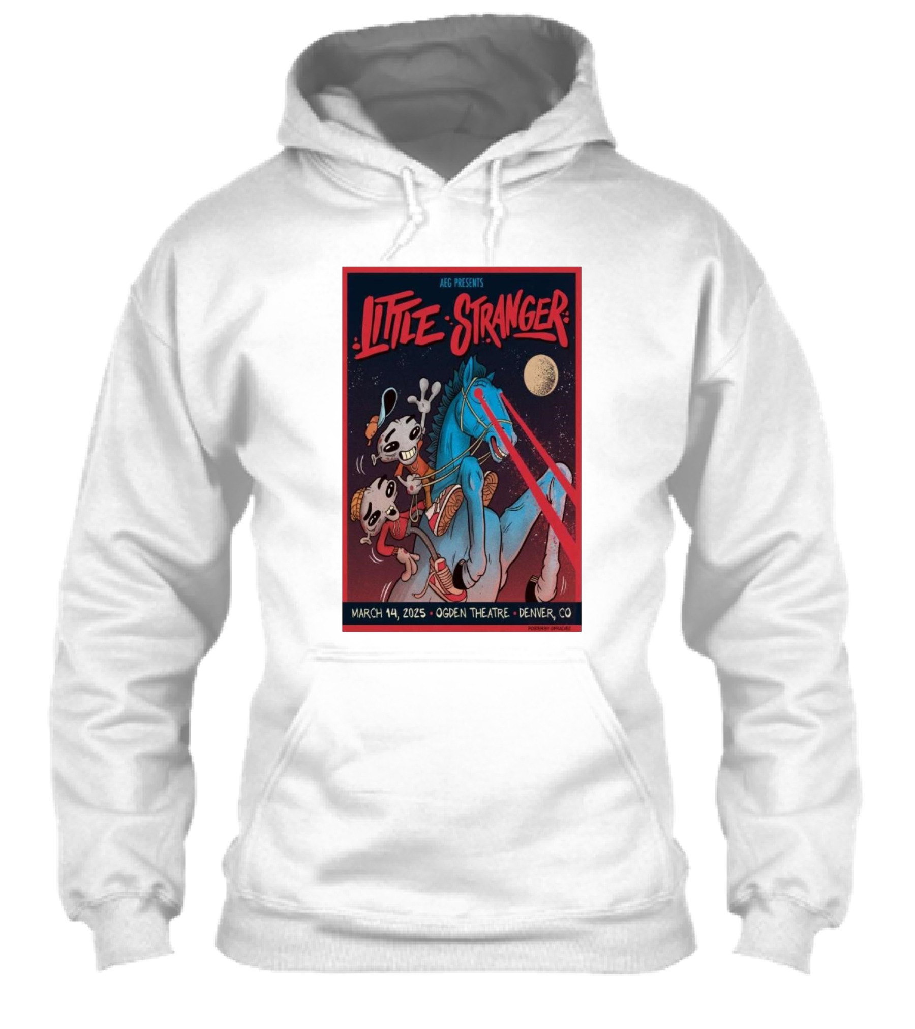 Aeg Presents Little Stranger March 14 2025 Ogden Theatre Denver Co Skeletons Riding Lasereyed Blue Horse Under Moon Shirt