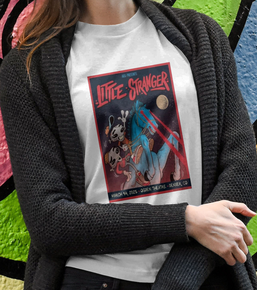 Aeg Presents Little Stranger March 14 2025 Ogden Theatre Denver Co Skeletons Riding Lasereyed Blue Horse Under Moon Shirt