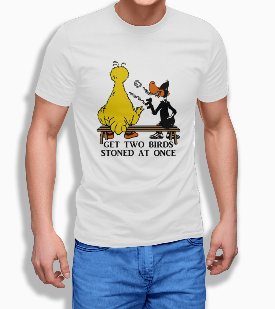 Get Two Birds Stoned At Once Smoking Yellow Black Cartoon Birds Bench Shirt
