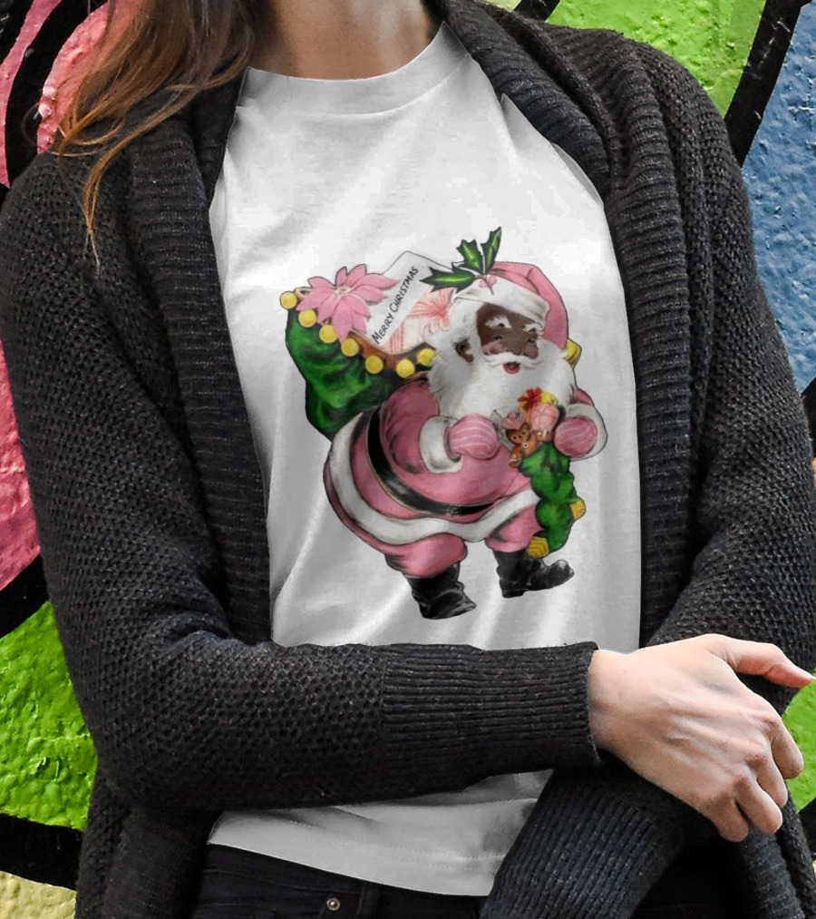 Merry Christmas Santa Claus Wear Pink Outfit With Sack And Toys Shirt