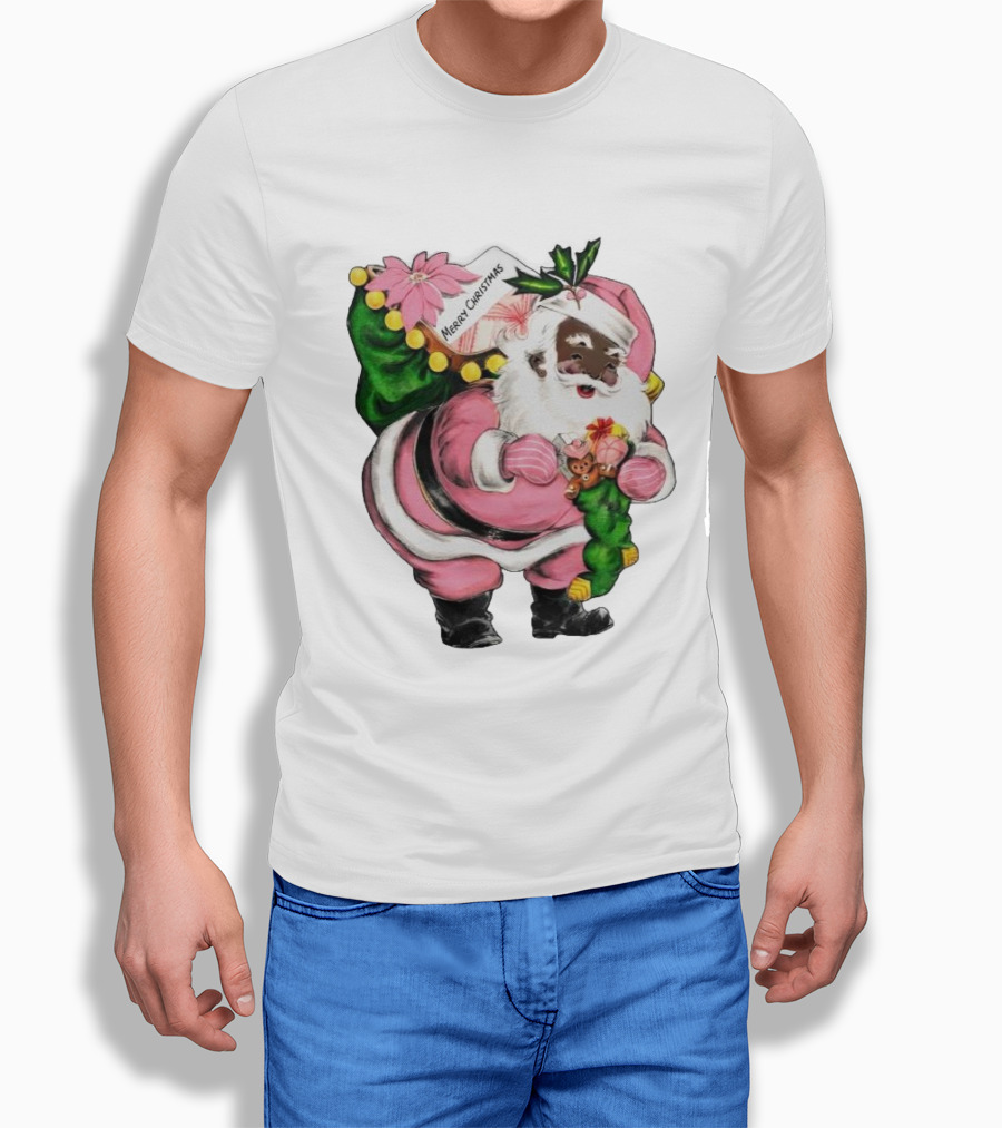 Merry Christmas Santa Claus Wear Pink Outfit With Sack And Toys Shirt