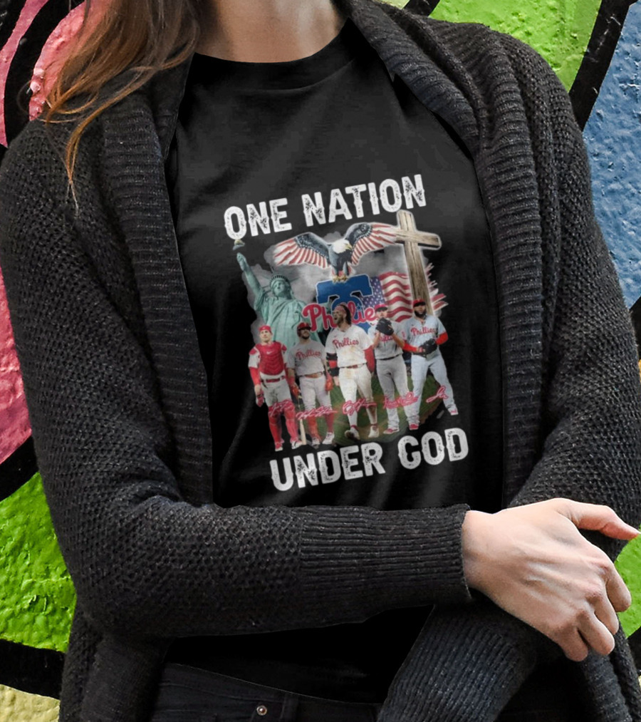 Philadelphia Phillies One Nation Under God Flag Statue Cross Signatures Shirt