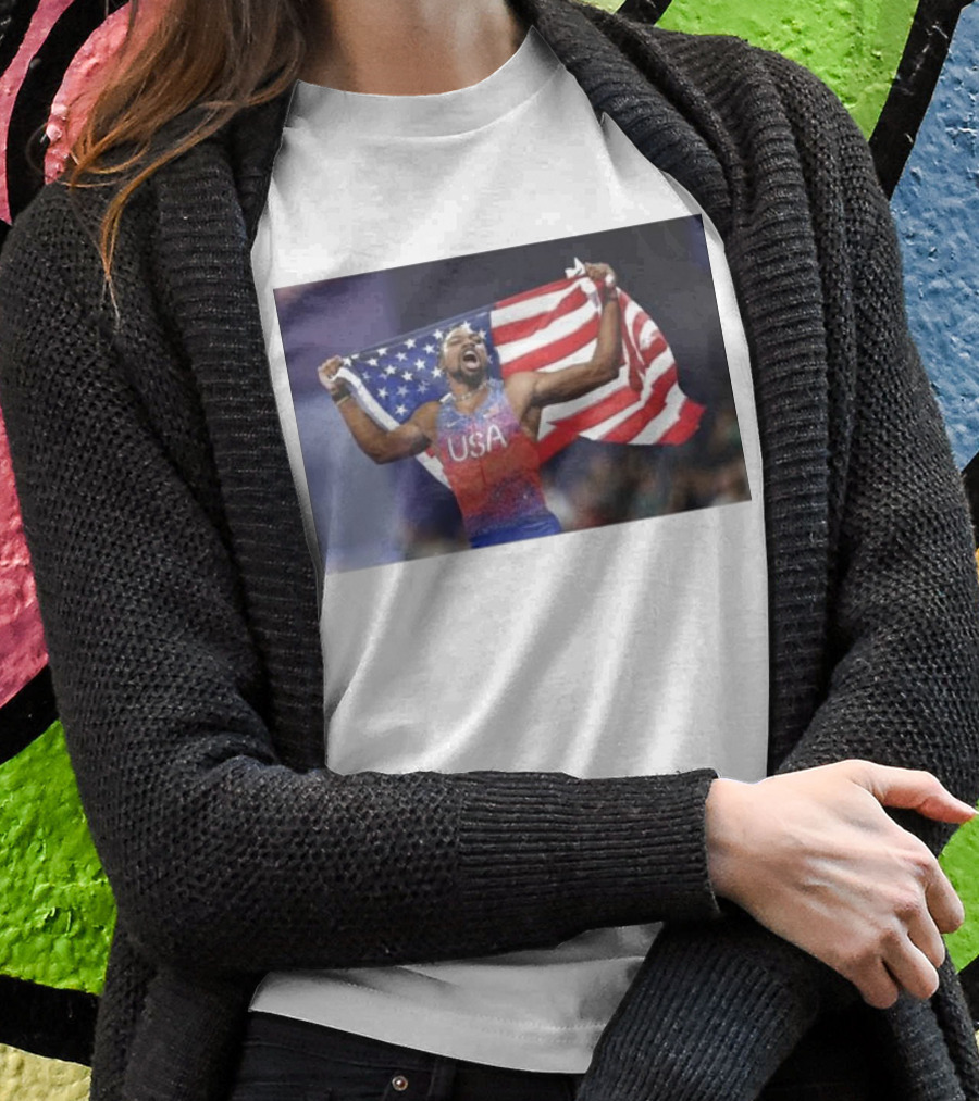 Usa Track Champion Noah Lyles Celebrates 100M Victory Paris Olympics Shirt