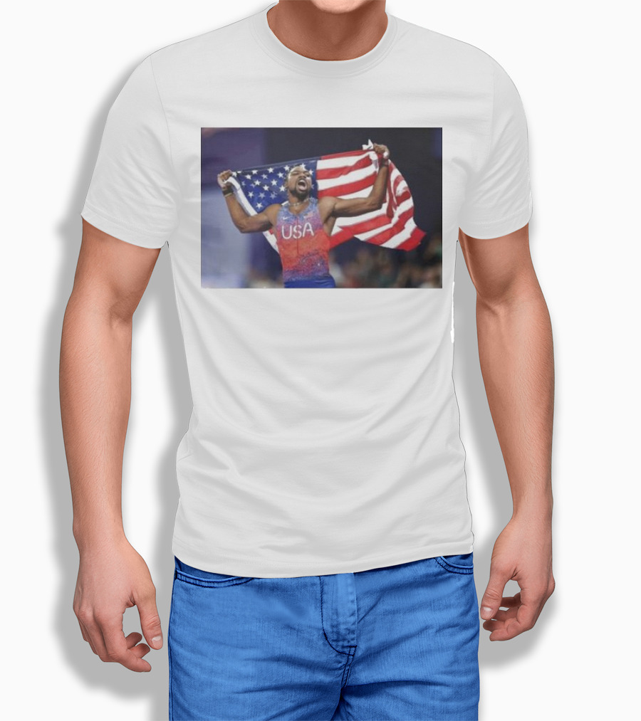 Usa Track Champion Noah Lyles Celebrates 100M Victory Paris Olympics Shirt