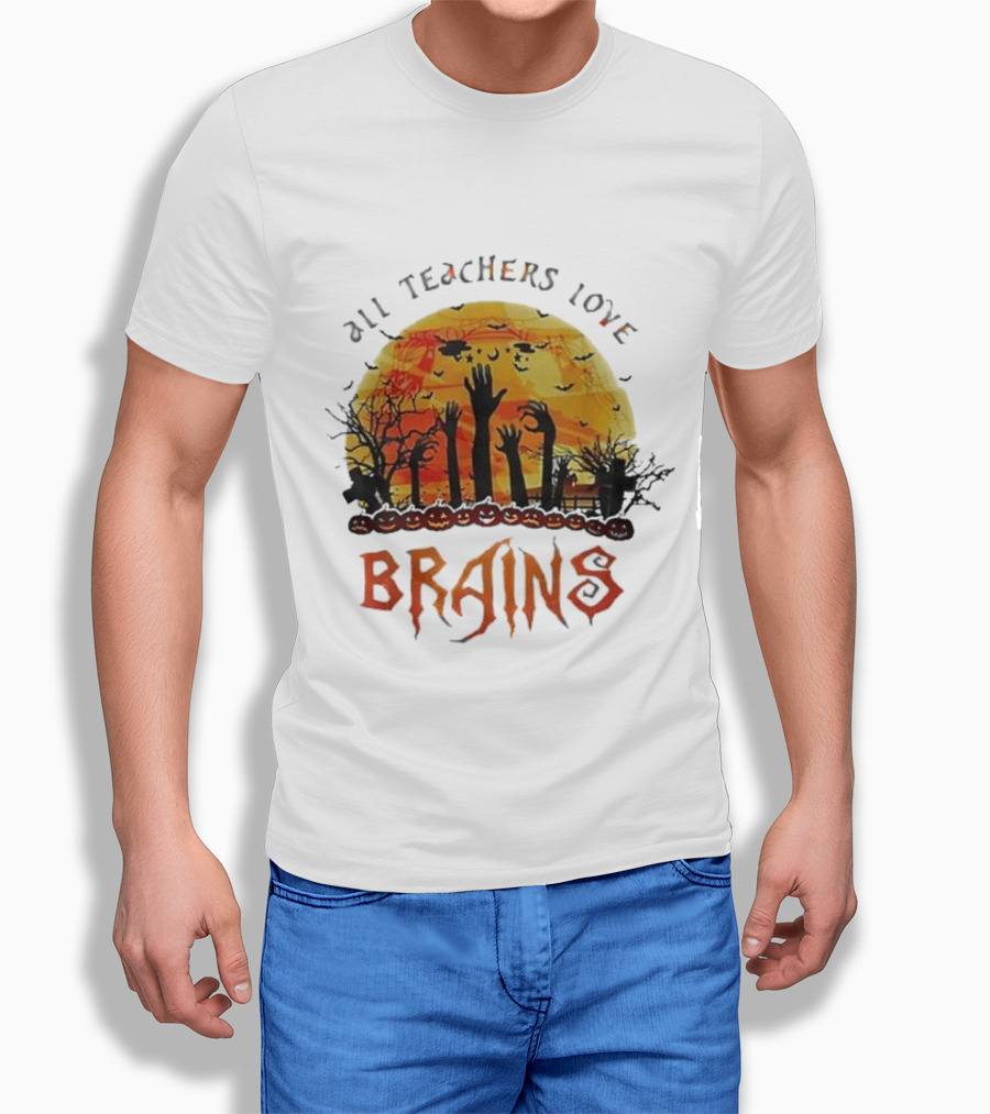 All Teachers Love Brains Halloween Costume Teaching Spooky Moon Scene Shirt