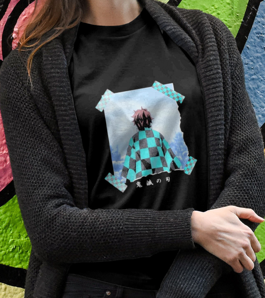 Demon Slayer Kimetsu No Yaiba Tanjiro Checkered Cloak Japanese Text Ut Collection Shirt