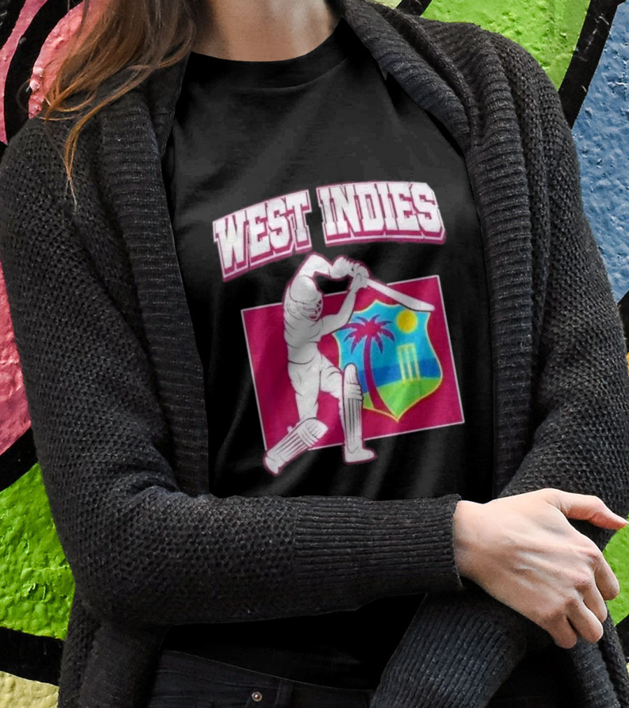 West Indies Cricket Windies Logo Batsman Palm Tree Stumps Sun Crest Shirt