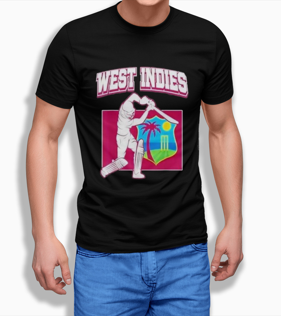 West Indies Cricket Windies Logo Batsman Palm Tree Stumps Sun Crest Shirt