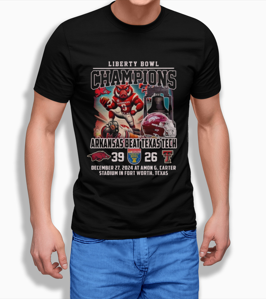 Liberty Bowl Champions Arkansas Beat Texas Tech 39 26 December 27 2024 Amon G Carter Stadium Fort Worth Texas Razorbacks Red Helmet Shirt